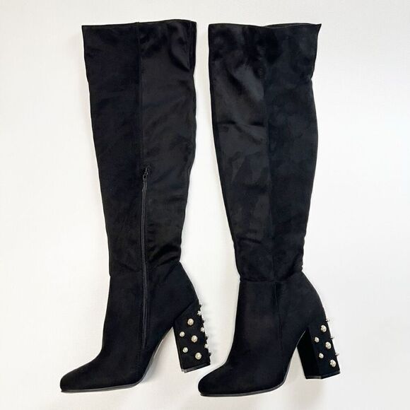 Koi Footwear Devoted Pearl Block Heel Over The Knee Boots In Black Faux Suede 5 - Picture 4 of 15